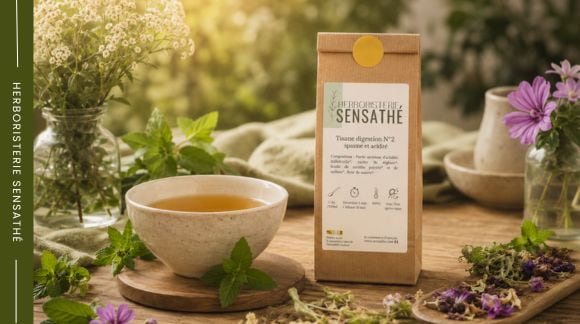 Tisane digestion pour accompagner une digestion lente avec des plantes traditionnellement utilisées contre les spasmes et l'acidité - Herboristerie Sensathé Tisane digestion pour accompagner une digestion lente avec des plantes traditionnellement utilisées contre les spasmes et l'acidité - Herboristerie Sensathé
